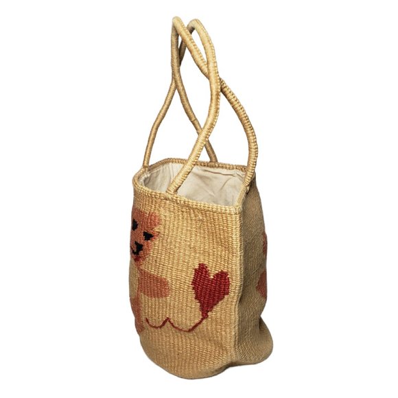 Woven Jute Tote Bag with Teddy Bear Chasing Heart Balloon Embroidery - Picture 2 of 6